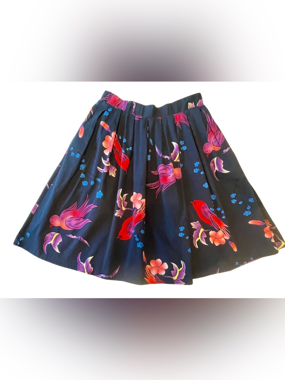 Darling Navy Circle Skirt with Red & Pink Bird Print Pockets